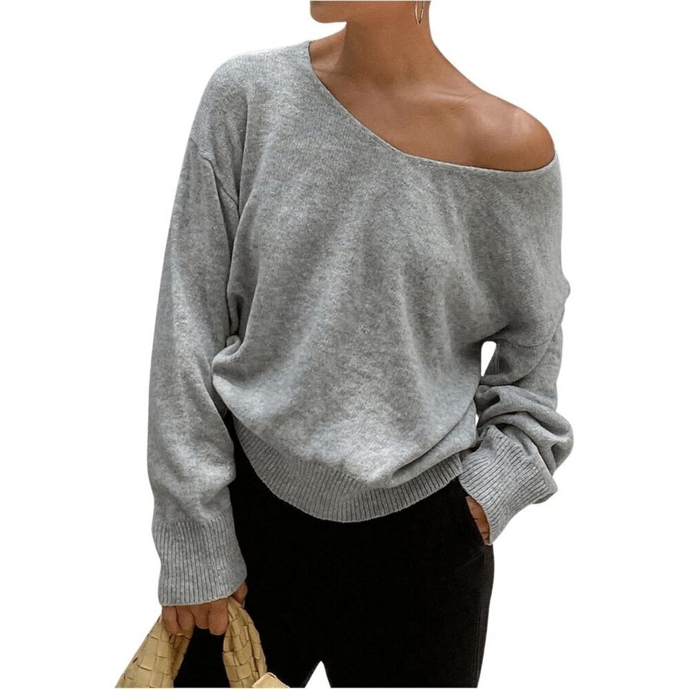 Women's V Neck Knit Sweater Lightweight Long Sleeve Off Shoulder Pullover